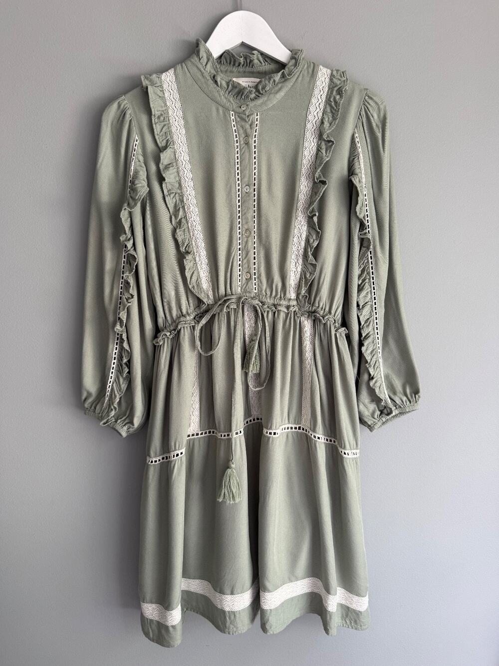 Böhme Women Mini Dress Size S Sage Green Ruffle Lace Trim Cottagecore Babydoll